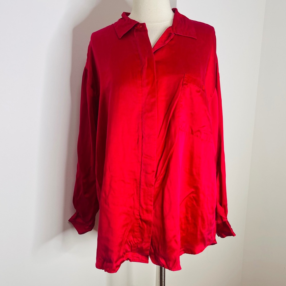 Sostanza Red 100% Silk Button Down Blouse Oversized Long Sleeve Shirt Large